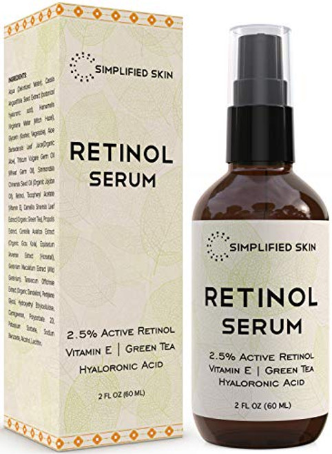 Retinol Serum 2.5 percent for Face  and  Eyes -2 oz- with Vitamin A- E- Hyaluronic Acid  and  Green Tea for Anti-Aging- Fine Lines  and  Wrinkles. Best Brightening Facial Serum for Day  and  Night use by Simplified Skin