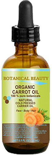 CARROT OIL Organic 100 percent Natural/Pure Botanicals/Cold Pressed Carrier Oil 0.5 Fl. oz. -15 ml. For Face- Body- Hair and Nail Care. by Botanical Beauty