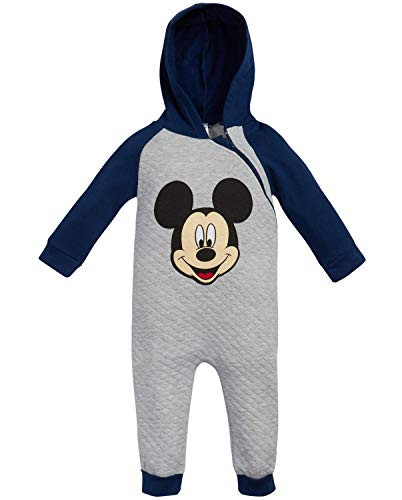 Disney Baby Boys Mickey Mouse One Piece Footless Hooded Romper Jumpsuit -Newborn/Infant-- Size 6-9 Months- Navy/Heather Grey Mickey