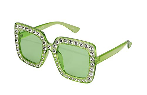 FLAWLESS Oversized Square Frame Bling Rhinestone Crystal Design Sunglasses For Women -Green-