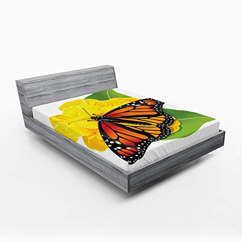 Ambesonne Butterfly Fitted Sheet- Monarch Breed Moth Insect Flower Leaves- Soft Decorative Fabric Bedding All-Round Elastic Pocket- Full Size- Yellow Green