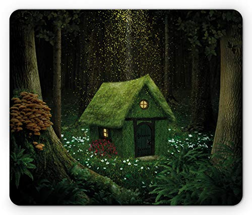 Ambesonne Fantasy Mouse Pad- Surreal Little Forest House in Moss Enchanted Woodland Elves Design- Rectangle Non-Slip Rubber Mousepad- Standard Size- Hunter Green