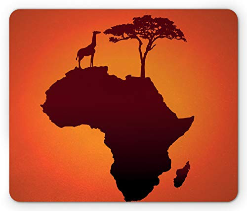 Ambesonne African Mouse Pad- Safari Map with Continent Giraffe and Tree Silhouette Savannah Wild Design- Rectangle Non-Slip Rubber Mousepad- Standard Size- Orange Brown