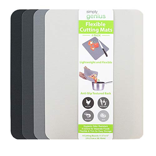 Simply Genius -4 Piece- Extra Thick Large 11.5inch x 15inch Cutting Boards for Kitchen Prep- Non Slip Flexible Cutting Mat Set- Dishwasher Safe- BPA Free Plastic Chopping Mats Meats Vegetables- Gray