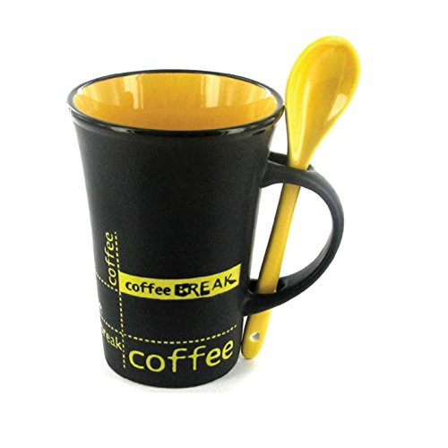 Mug - 14 oz Ceramic Tall Coffee Mug and Spoon Coffee Break Design Large Coffee and Tea Cup -Yellow-