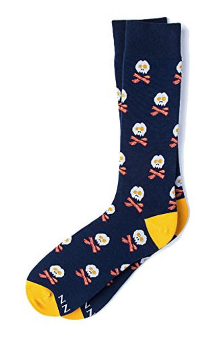 Men's Hipster Designer Bacon  and  Eggs Skull and Bones Novelty Crew Dress Socks -Navy Blue- Men's Hipster Designer Bacon  and  Eggs Skull and Bones Novelty Crew Dress Socks -Navy Blue-