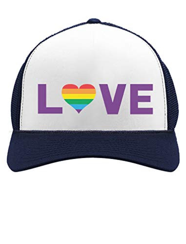 Gay Love LGBT Hat Rainbow Heart Gay  and  Lesbian Pride Trucker Hat Mesh Cap One Size Navy/White