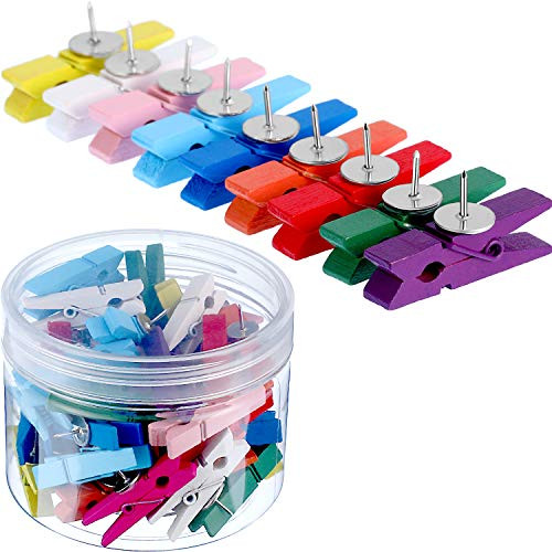 Tatuo 70 Pieces Wooden Clips with Push Pins Clothespins Decorative Craft Paper Clips Pushpins Tacks Thumbtacks for Notes Photos Cork Boards Craft Projects (Multi-Colored)