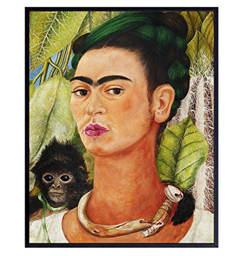 Frida Kahlo - Frida Kahlo Wall Art - Mexican Decor - Frida Kahlo Gifts - Self Portrait with Monkey - Vintage Painting - Living Room Wall Decor for Women - 8x10 Poster Print Picture