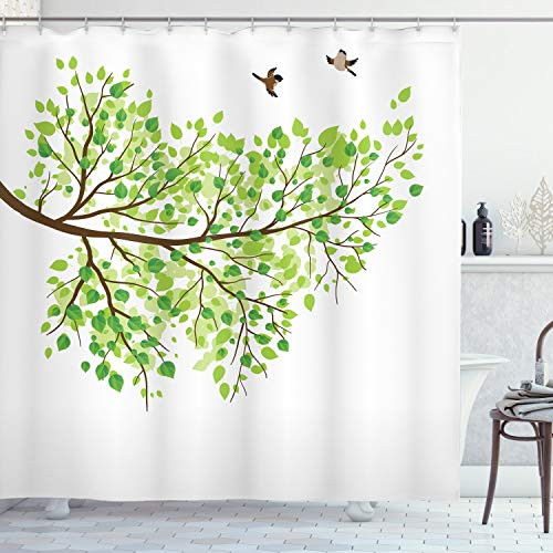 Ambesonne Hummingbird Shower Curtain- Spring Branch of Hummingbirds in Seasonal Vivid Colors Spring Freedom Nature Watercolor Look- Cloth Fabric Bathroom Decor Set with Hooks- 75inch Long- White Brown