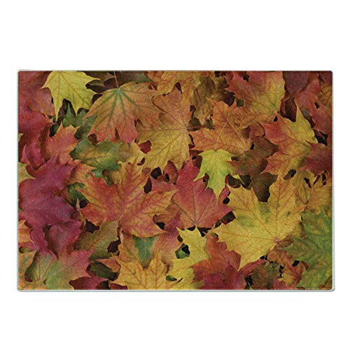 Lunarable Fall Leaves Cutting Board- Close up Shot of a Group of Leaves Scattered- Decorative Tempered Glass Cutting and Serving Board- Small Size- Orange Yellow