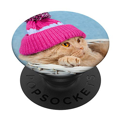 Yellow Kitten Winter Cat With Pink Hat In White Basket PopSockets Grip and Stand for Phones and Tablets