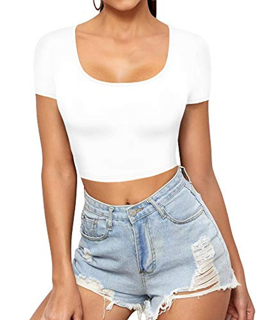 ALGALAROUND Crop Tops for Women Basic Scoop Neck Short Sleeve Tops Tanks T-Shirts -White- X-Small-