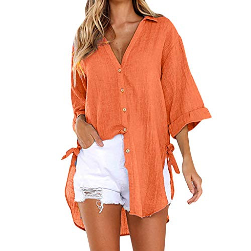 HGWXX7 Plus Size Tops for Women Loose Button Down Blouse Casual V Neck Long Sleeve T Shirt Tunic Orange
