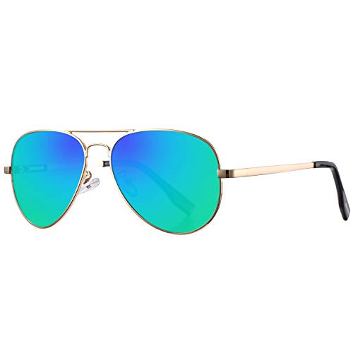 AZORB Polarized Aviator Sunglasses Mirrored Lens Metal Frame for Men Women- 100 percent UV 400 Protection -Gold Frame/Green Mirrored-