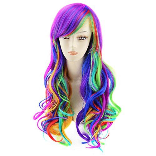 AGPtEK 27.5 Inches Full Long Curly Wavy Rainbow Hair Wig for Costume Cosplay Party Halloween - Harajuku Lolita Style Heat Resistant