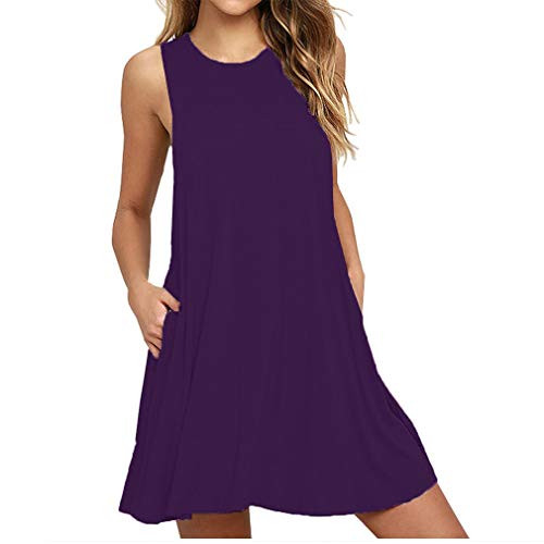 SHETOP Womens Sleeveless Dress Casual Loose T-Shirt Dress Swing Pocket Dresses- Summer Ladies Elegant Casual Sundresses Sleeveless Loose Solid Plain Dresses for Women Gifts-Purple-XX-Large