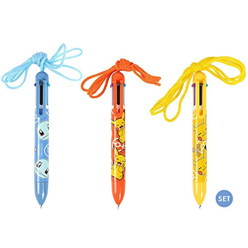 Pikachu 0.7mm Multi-Colors 6 Colors Necklace Ballpoint Pen - Set of 3 -Yellow Pikachu- Orange Pikachu- Squirtle-