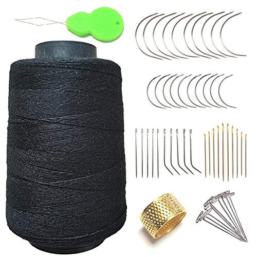 72PCS Hair Weave Needle and Thread Set Thick Black Hair Weft Sewing Thread and Wig T Pins C Curved Needles Kit for Wig Making Blocking Knitting Modelling and Crafts-With Needle Threader and Thimble