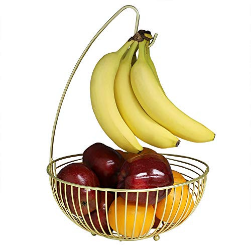 Home Basics Halo Steel Fruit Basket with Banana Hanger- Gold- 11inch x 11inch x 16inch