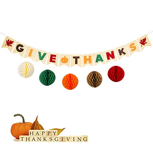 Give Thanks Banner with Colorful Paper Honeycomb Ball for Thanksgiving Day-Maple Leaves-Thanksgiving Day Party Bunting Banner Garland-Thanksgiving Decoration -Fall Party Decorations-Happy Thanksgiving
