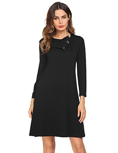 Pasttry Women's Casual Long Sleeve Button Lapel Loose T Shirt Tunic Dress Black L