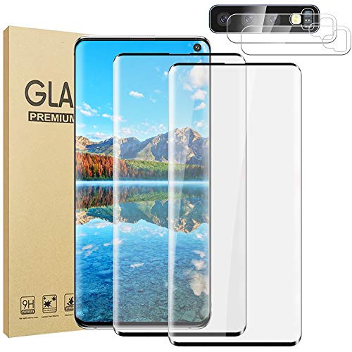 `-2Plus2- Galaxy S10 -6.1inch- Screen Protector Tempered Glass Plus Camera Lens Protector -HD Clear- -9H Hardness- -Compatible Fingerprint- 3D Curved Glass Film for Samsung Galaxy S10 6.1 Inch