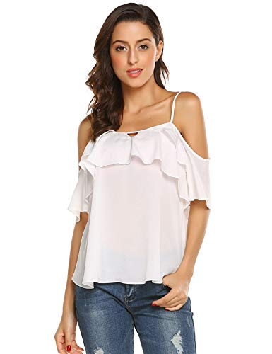 Dealwell Women Chiffon Cold Shoulder Cami Blouse Summer Spaghetti Strap Ruffle Top Shirts White