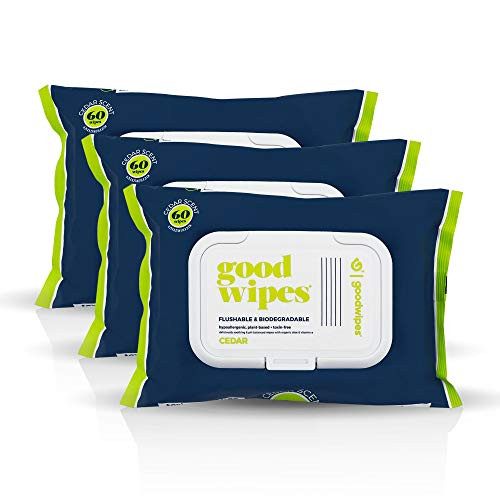 Goodwipes Flushable Butt Wipes- Cedar Scent- Biodegradable with Botanicals- Dispenser for At-Home Use- with Aloe- Septic and Sewer Safe  and  Never Dries Out- 180 Count -3 Packs of 60-
