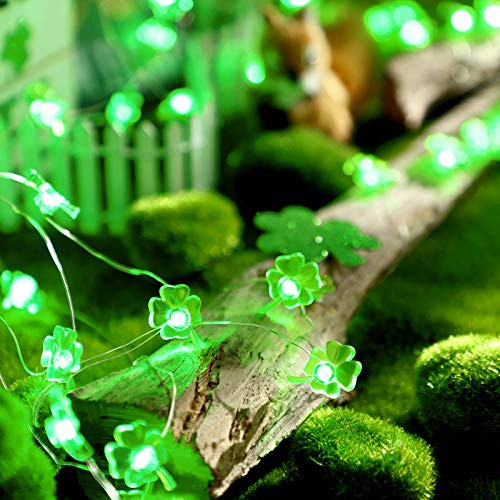 St. Patrick Lucky Clover String Light- Waterproof 16.4 ft 50 LEDs Battery Powered Green Four-Leaf Clover Shamrock String Light- 8 Modes- Remote and Timer Control for Bar House