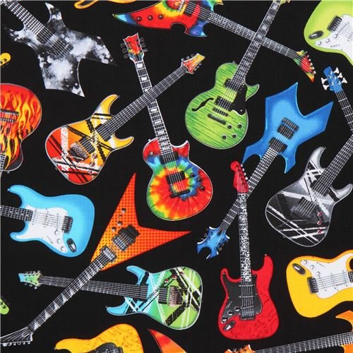 Black fabric with colorful blue orange guitar by Timeless Treasures -per 0.5 yard unit-