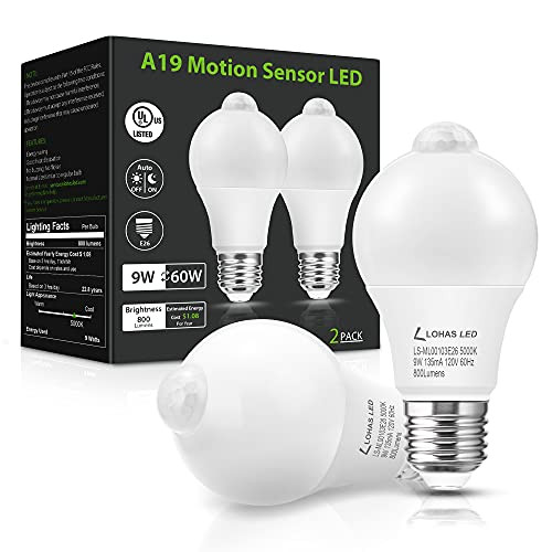 LOHAS Motion Sensor Light Bulbs- Dusk to Dawn Light Bulbs Outdoor- 9W 60W Equivalent Motion Activated LED Light Bulb- 5000K Daylight A19 Motion Sensor Light Indoor Outdoor- 2 Packs