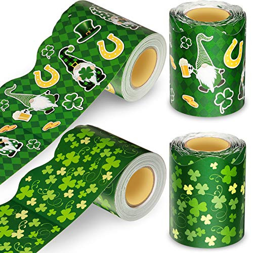 2 Pieces St. Patrick Day Bulletin Board Borders Irish Gnome Shamrock Bulletin Board Border Scalloped Border Decoration for Bulletin Board- Black Board Classroom Decoration- 65.6 ft in Total
