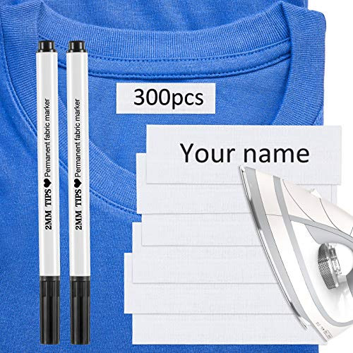 Writable Iron on Clothing Labels Precut Iron on Fabric Labels Personalized Clothing Name Labels Tags with 2 Pieces Permanent Fabric Marker for Nursing Home College Camp Day Care Uniforms -300-