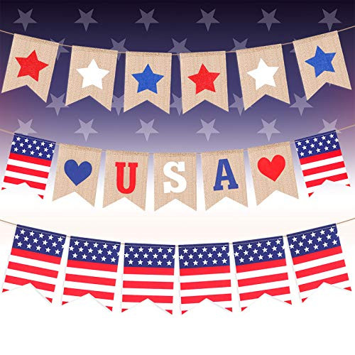 3 Pieces 4th July Independence Day Banner American Patriotic Banner Burlap Flag Decorations USA Red White and Blue Stars Theme Garland Burlap Bunting Decoration for Independence Day 3 Pieces 4th July Independence Day Banner American Patriotic Banner Burlap Flag Decorations USA Red White and Blue Stars Theme Garland Burlap Bunting Decoration for Independence Day