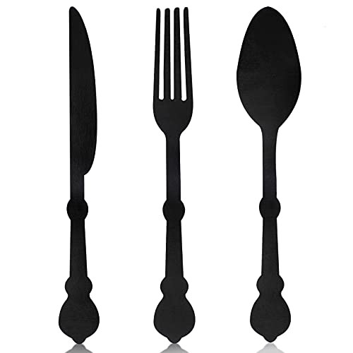 Large Fork Knife Spoon Set Wall Decor Rustic Wooden Kitchen Utensils Wall Sign Wall Hanging Wood Sign Farmhouse Wooden Wall Plaque for Home Dining Living Room Decor -Black-