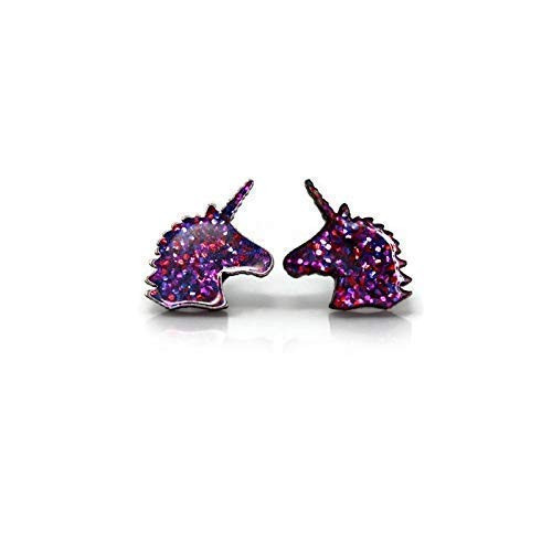 Glitter Unicorn Stud Earrings- Metal Free Plastic Post- 10mm Purple Pink
