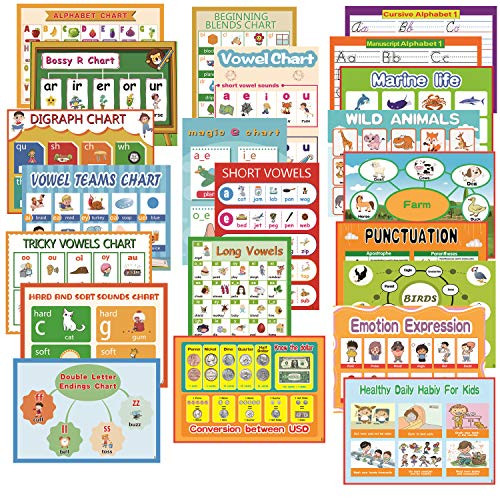 22 Themes Educational Preschool Laminated Poster for Kid and Toddler|Vowel Phonics Chart Great for Homeschool- Classroom Decor- Remote Learning Family Posters-Alphabet- Animal- Emotion- and More-A4-