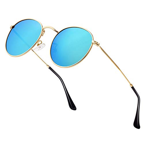 Small Round Polarized Sunglasses Retro Men Women Mirrored Lens Metal Frame Circle Sun Glasses Shades -Blue Lens/Gold Frame-