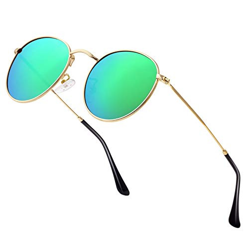 Small Round Polarized Sunglasses Retro Men Women Mirrored Lens Metal Frame Circle Sun Glasses Shades -Green Lens/Gold Frame-