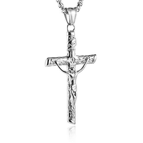 HZMAN Men Women Crucifix Cross Pendant Baptism Christian Jewelry Stainless Steel Jesus Necklace with 22Plus2 Chain -Silver- A- HZMAN Men Women Crucifix Cross Pendant Baptism Christian Jewelry Stainless Steel Jesus Necklace with 22Plus2 Chain -Silver- A-