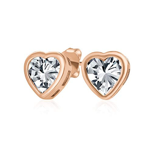 1Ct Cubic Zirconia Bezel Set AAA CZ Solitaire Heart Stud Earrings For Women For Teen Rose Gold Plated Sterling Silver
