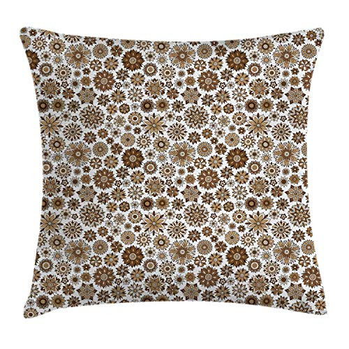Ambesonne Garden Throw Pillow Cushion Cover- Doodle Style Flourishing Corsage Bouquet Pattern Romantic Vintage Curly- Decorative Square Accent Pillow Case- 16inch X 16inch- Brown Tan Pale Yellow