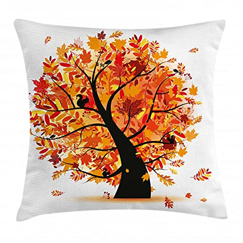 Ambesonne Fall Throw Pillow Cushion Cover- Curvy Tree with Various Different Falling Leaves Cartoon Style Illustration- Decorative Square Accent Pillow Case- 16inch X 16inch- Yellow Orange Black