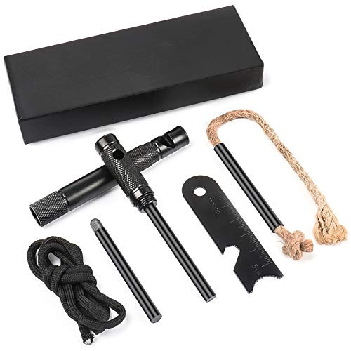 Flint Fire Starter Sticks- YTYOMUR 8 in 1 Ferro Rod Fire Starter Kit with Replacement Magnesium Rod and Tinder Wick Rope- Emergency Survival Tool with Paracord- Compass- Whistle and Multi Tool Striker