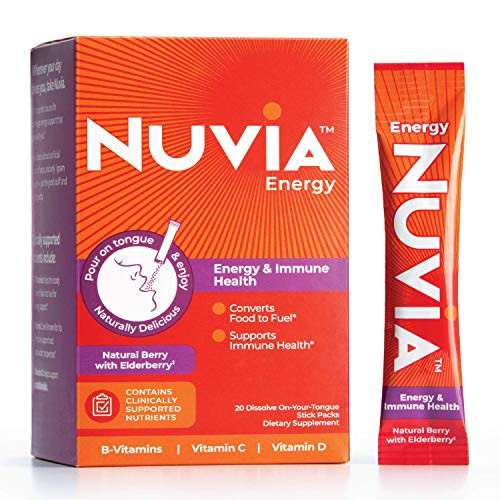 NUVIA Energy  and  Immune Support | Vitamin Supplement | Pour-on-Tongue Dissolvable Powder | Natural Berry with Elderberry Flavor | Caffeine-Free | 20 Stick Packs