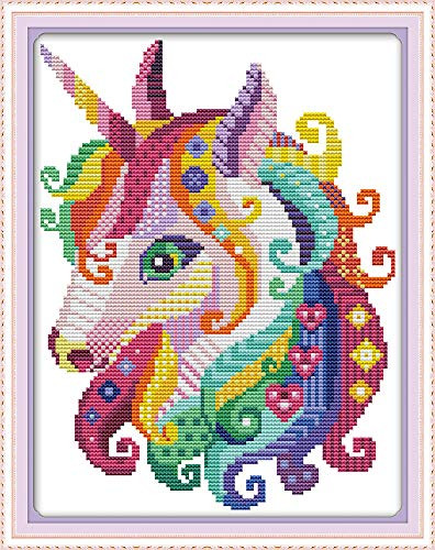 Premium Cross Stitch Stamped Kits Pre-Printed Cross-Stitching Starter Patterns for Beginner Kids or Adults- Embroidery Needlepoint Kits Unicorn -Stamped Unicorn28x39cm-