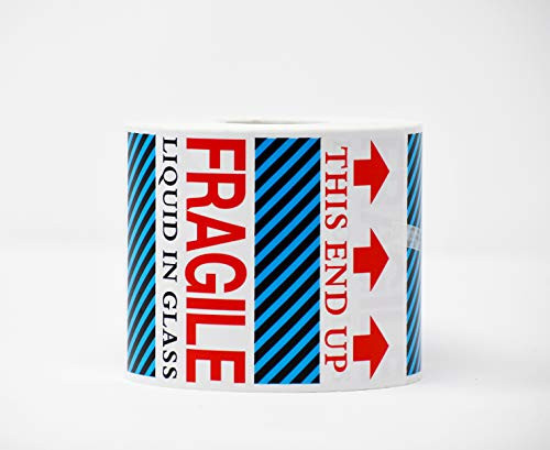 A-Z Shipping  and  Handling Label- Fragile Liquid in Glass - This End Up Warning Stickers for Shipping and Packing 500 Adhesive Labels Per Roll -Pack of 1 Roll- 500 Labels- -4X6-