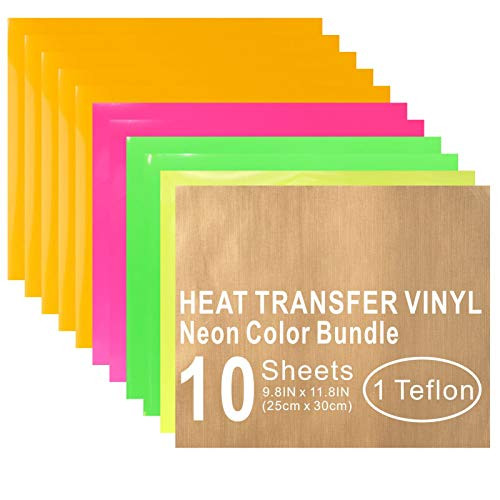 Heat Transfer Vinyl Bundle - 2 Neon Green and 1 Neon Yellow and 2 Neon Pink and 5 Neon Orange Iron on Vinyl- 10 Neon HTV Vinyl Sheet with Teflon Sheet