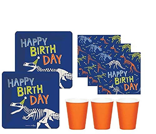 FAKKOS Design Dinosaur Party Supplies 16 Guests - Birthday Dino Mite Dessert Plates, Large Napkins Coordinating Paper Cups